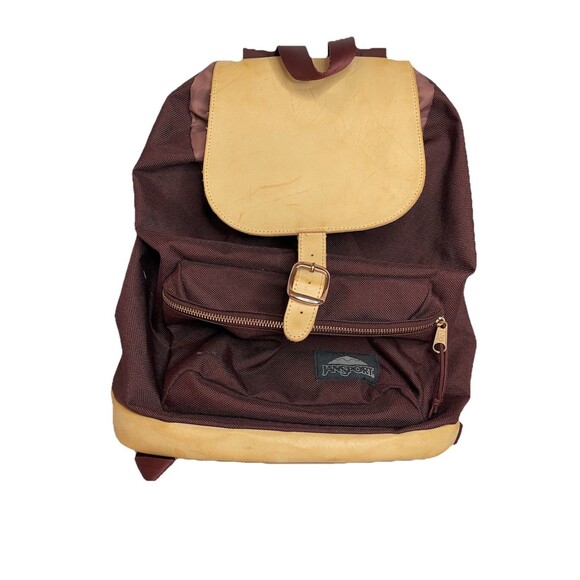 Jansport Backpack Knapsack Fold Over Drawstring Maroone Tan Bucket Bag - Picture 1 of 10